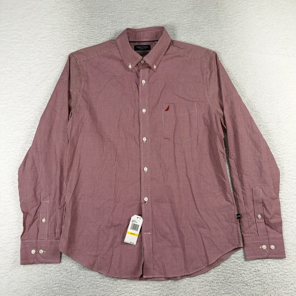 Nautica Flex Classic Fit Shirt Mens M Red Check Button Down Long Sleeve NWT